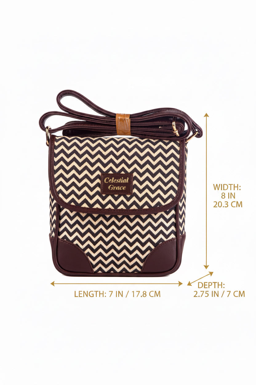 Sling bag with chevron pattern and brown accents on a white background