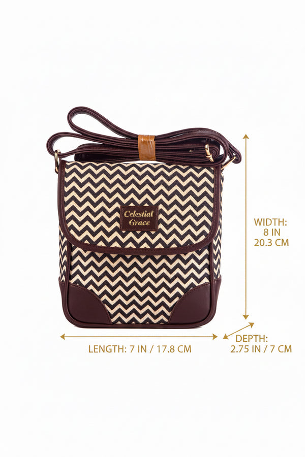 Sling bag with chevron pattern and brown accents on a white background